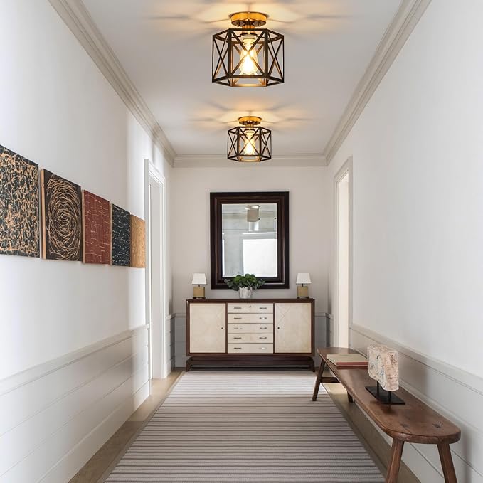Modern Farmhouse Semi Flush Mount Ceiling Light,Industrial Black and Gold Ceiling Lighting Fixture,Hexagonal Close to Ceiling Lights for Kitchen, Hallway, Entryway, Bedroom,Foyer,9.5 Inch