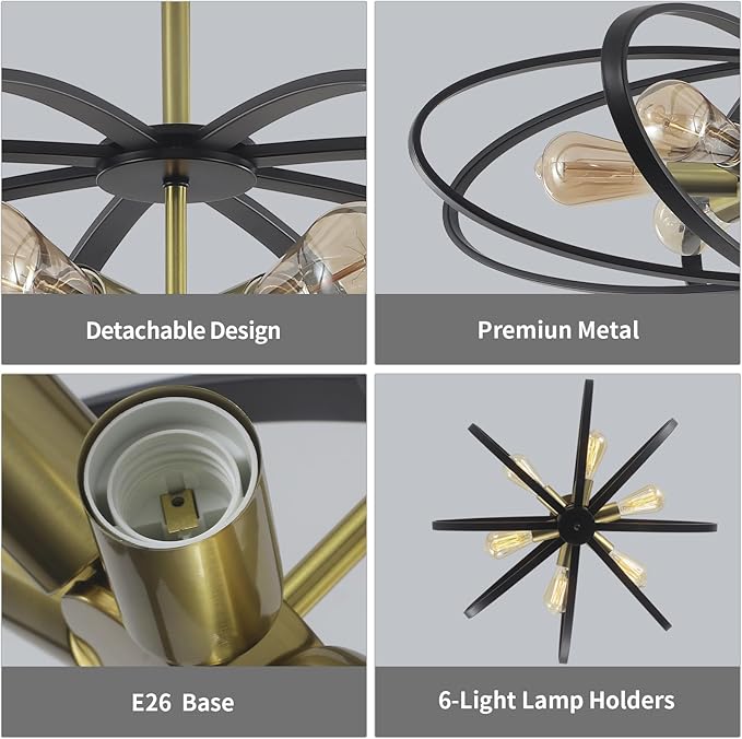 Semi Flush Mount Ceiling Light Fixture Chandelier 25''Black Gold Bedroom Ceiling Lights 6-Light Foyer Chandelier Style Flower Shape Porch Light Fixture for Entryway,Laundry room,Kitchen,Farmhouse