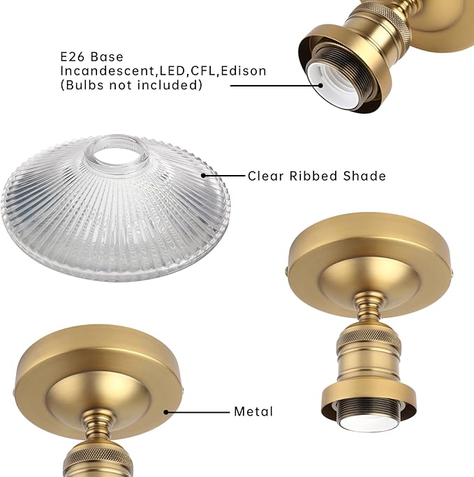 Industrial Semi Flush Mount Ceiling Light, Clear Striped Glass Lamp Shade Pendant Light Fixture, 1-Light Close to Ceiling Light Fixture for Hallway, Entryway, Kitchen, Bedroom