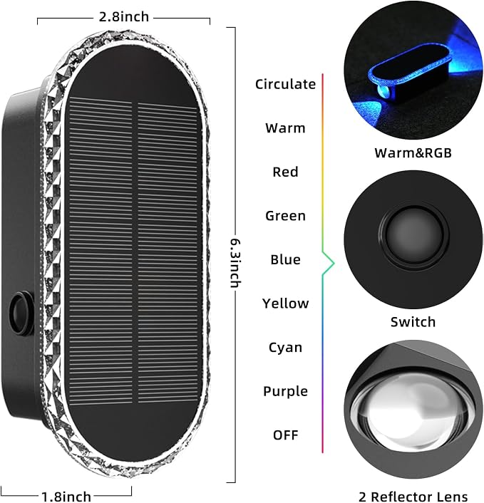 Herzila Solar Fence Lights - RGB & Warm White, LED Christmas Solar Lights Outdoor Waterproof 7 Colors,2 Lens Top and Bottom Lighting for Outdoor/Patio/Wall/Fence Pack of 2