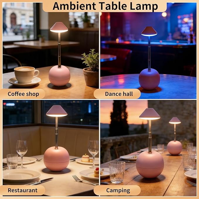 Rechargeable LED Table Light, Tumbler Cordless Table Lamp with 3 Colors & 7 RGB Stepless Dimmable Touch Control Lamps for Patio Restaurant Dining Home Bars (Pink)