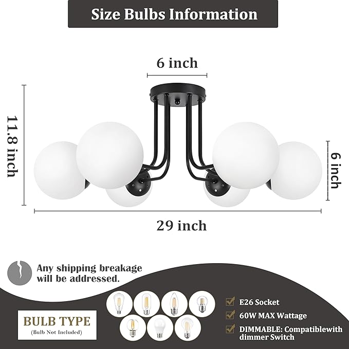 KoKo&Yukina 6-Light Modern Semi Flush Mount Ceiling Light Fixture Mid Century Ceilings Lights Globe Ceiling with Milk Glass Shade Matte Black Finish for Bedroom Hallway Dining Room Living Room