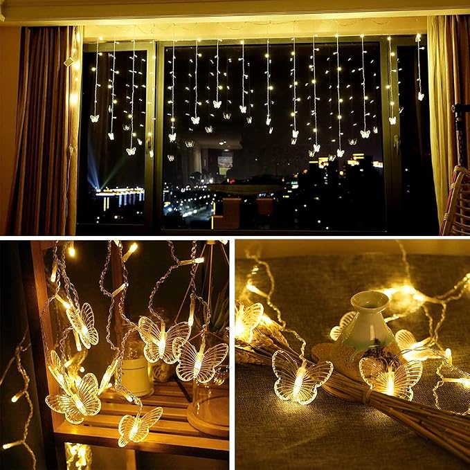 Lainin USB Powered 13FT 96 LED Curtain Lights 16 Butterflies Twinkle Lights 8 Modes Fairy Light Strip for Party Indoor Outdoor Room Garden Wedding Christmas Xmas Decor (Warm White)