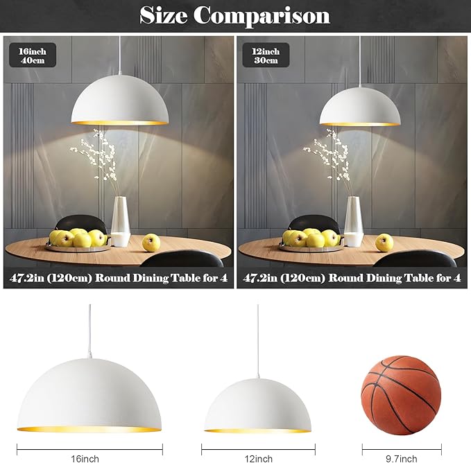 16” Large Dome Pendant Light Fixtures, White and Gold Hemispheric Pendant Lights Kitchen Island, Modern Adjustable Hanging Ceiling Light Chandelier for Kitchen Island Living Room Dining Room, 2 Pack