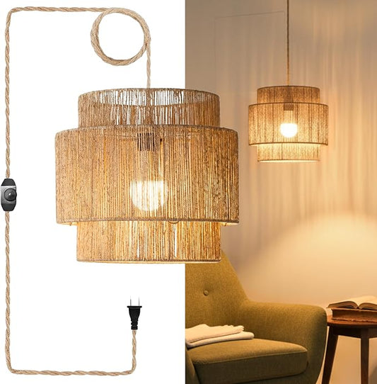 Chi An Home 11.8" Boho Jute Plug in Pendant Light, Handwoven Natural Hanging Lamp Plug in with Dimmable Light Switch, Wicker Hanging Light Fixture for Bedroom Living Room Kitchen (No Bulb Included)