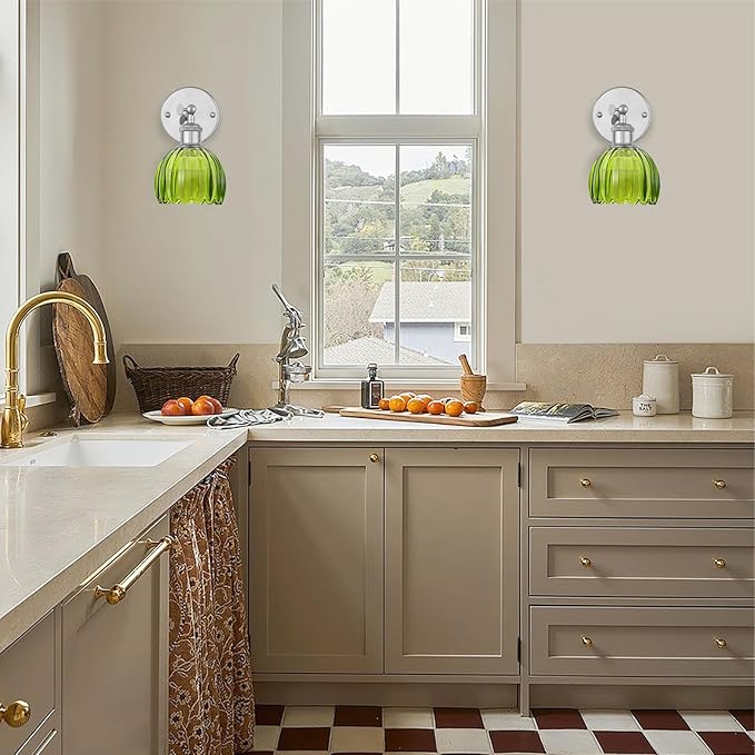 Vintage Battery Operated Wall Sconce, Green Tulip Glass Lampshade Wireless Rechargeable Battery Powered LED Wall Light with Remote Dimmable for Bedside Bedroom Living Room, Silver, Set of 2