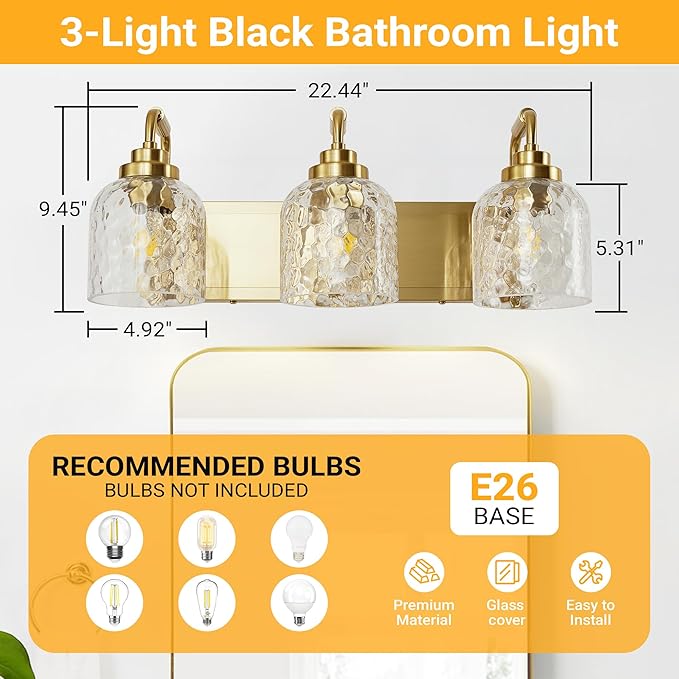 WJShome Modern Crystal Bathroom Vanity Light, 3-Light Gold Bathroom Light Fixtures, Vanity Lighting Fixtures Over Mirror with Clear Shades