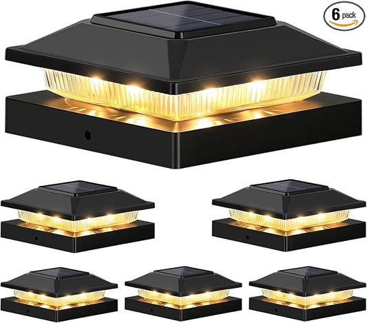 Brightever 4x4 3.5x3.5 Solar Post Cap Lights 6-Pack, Outdoor Solar Powered Fence Post Lights, Black Solar Waterproof Deck Post Lights for Vinyl/Wood Posts, Warm/Cool White, Perfect for Garden Patio