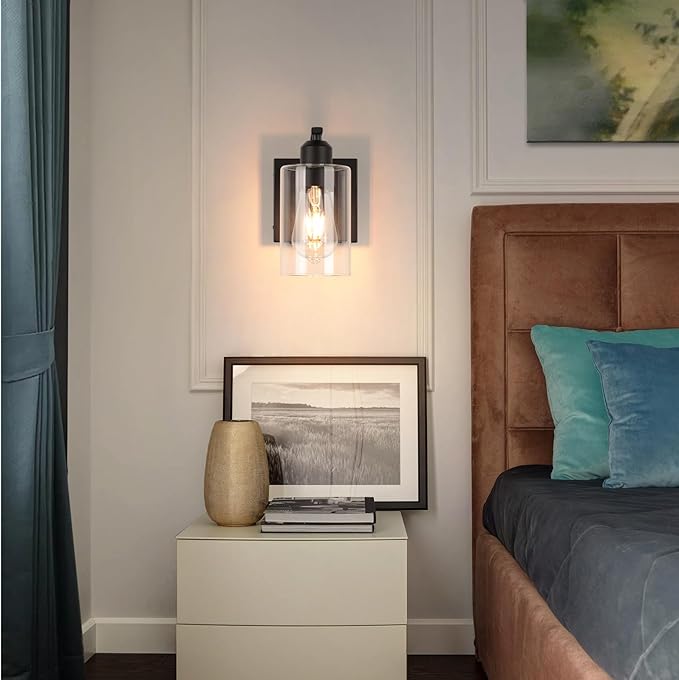 BELS 8 Inch Battery Operated Wall Sconces Set of 2, Farmhouse Wall Lights Fixture with Clear Glass, 4000K, Remote Control, Dimmable, Black Wall Sconces for Mirror, Bathroom, Bedroom