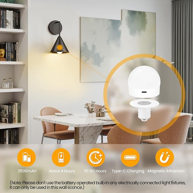 MATAMEYE Rechargeable Wall Sconce Set of 2, Black Wireless Battery Operated Wall Lamp with Remote, Dimmable & Timer, Modern Industrial Indoor Light Fixture, Bulb Included