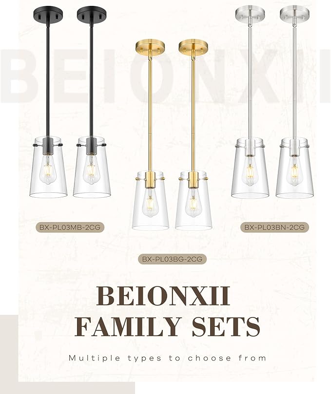 Beionxii Pendant Lights Kitchen Island 2 Pack, Brushed Gold Modern Kitchen Pendant Lighting Over Island, Hanging Lights with Clear Glass for Sink, Dining Room, Entryway, BX-PL03BG-2CG