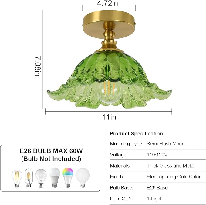 Semi Flush Mount Ceiling Light Fixture, 11in Green Glass Vintage Light Fixtures Ceiling for Hallway Kitchen Foyer Entryway Bedroom, E26 Base