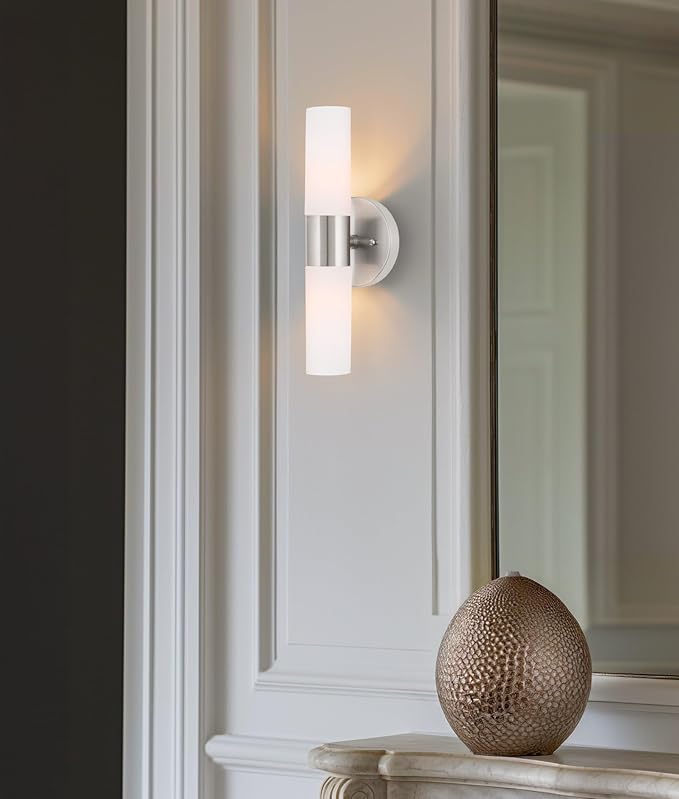 Kira Home Duo 14" Modern Wall Sconce with Frosted Glass Cylinder Shades, Linear 2-Light Silver Wall Light, Brushed Nickel Finish
