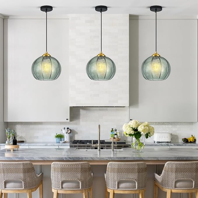 Mikeru 3-Pack Mint Glass Pendant Lights Kitchen Island Lighting Single Globe Pendant Light Fixtures Century Modern Kitchen Island Pendant Lighting for Bedroom Living Dining Room Light (Without Bulbs)