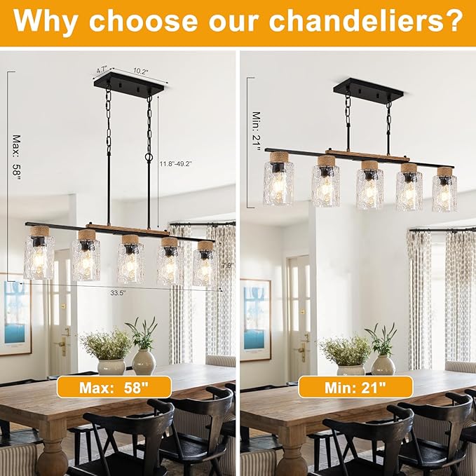 35" Dining Room Light Fixture/Chandelier Over Table, 5-Light Matte Black Kitchen Island Lighting with Clear Glass Shade, Modern Hanging Pendant Lights Fixture for Kitchen Island, Dining Room, Bar