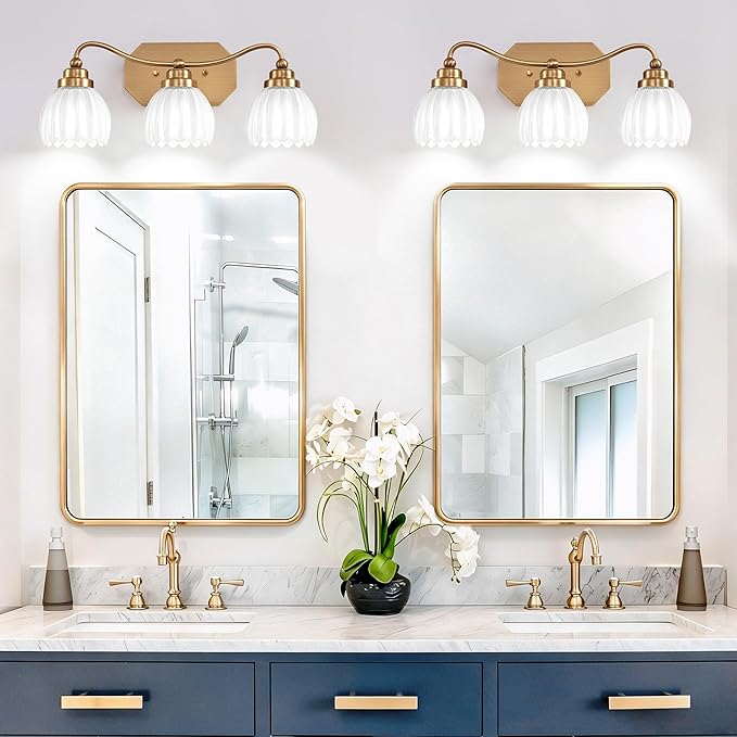 Vintage Bathroom Light Fixtures, Gold Bathroom Vanity Light, Matte Antique Brass Finish with Crystal Glass Shade, Wall Sconces Lighting for Bedroom, Living Room, Hallway (Milk White, 3-Light