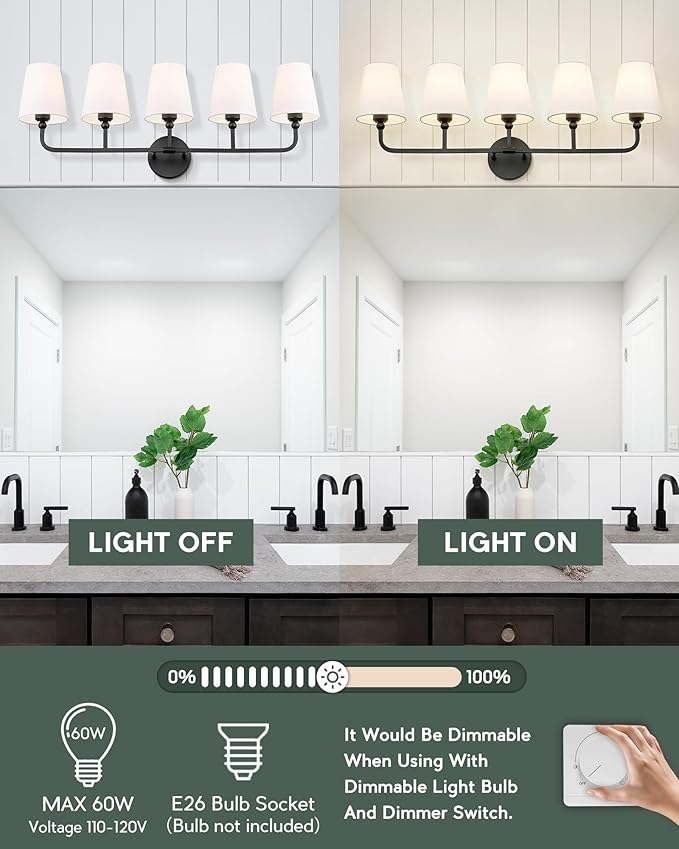 Bathroom Light Fixtures, 5 Light Matte Black Vanity Lights with Flared White Fabric Shade, 35 Inch Wall Sconce, Modern Sconces Wall Lighting for Hallway Bedroom, VL837-MB-5