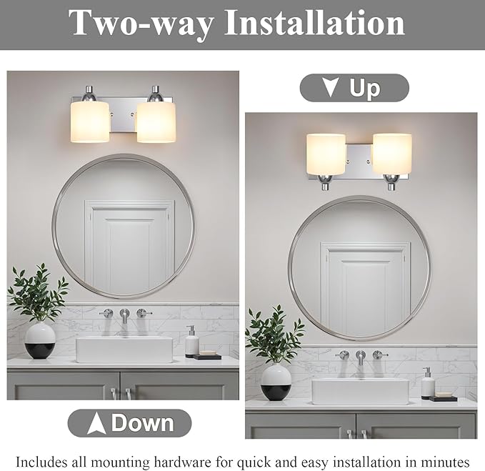 Mecgirn Stainless Steel Milk Glass Vanity Lights for Bathroom, 2 Light Polished Chrome Bathroom Light Fixtures Over Mirror, Ceramic E26 Sockets Wall Mounted
