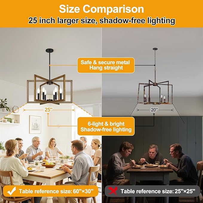 25" Retro Wood Texture Chandelier for Dining Room, No Assembly Required Dining Room Light Fixture Over Table, Industrial Metal Hanging Pendant Lights Fixture for Kitchen Island, Entryway, Foyer