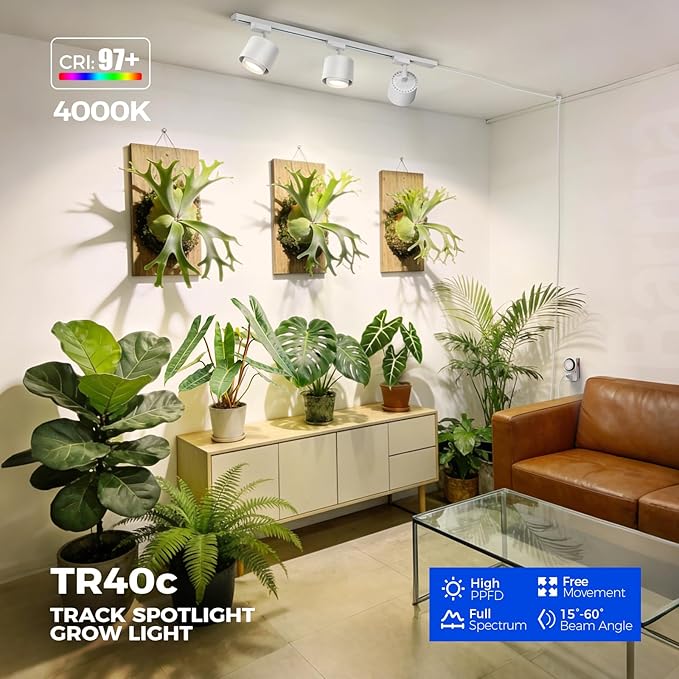 Barrina TR40c Track Grow Light for Indoor Plants, 15°-60° Adjustable Beam Angle, 3 x 40W, 4000K Full Spectrum LED Plant Lights, Plug in Ceiling Mounted Grow Bulbs for H-Type Track with Timer, White