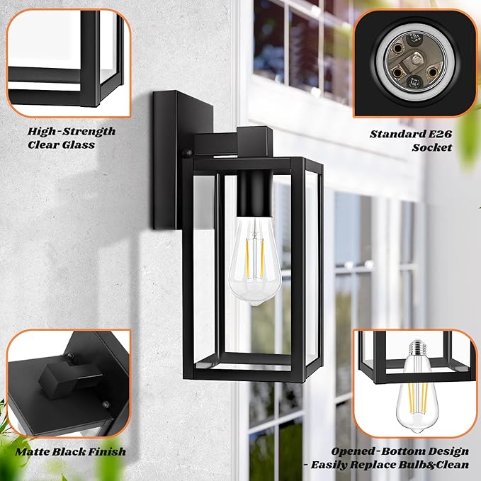 Brightever 2-Pack Outdoor Wall Lantern, Exterior Waterproof Wall Sconce Light Fixtures, Black Outside Wall Lights with Clear Glass for House, Porch, Front Door, Garage, Patio, Bulbs Not Included