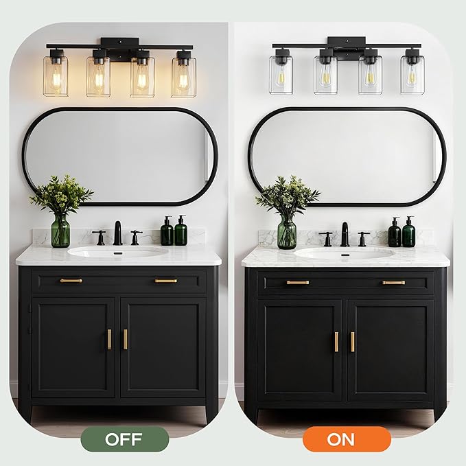 PARTPHONER 4-Light Bathroom Light Fixtures, Matte Black Modern Vanity Lights, Bathroom Lighting Fixtures Over Mirror, Square Design Farmhouse Wall Sconces with Clear Glass Shades