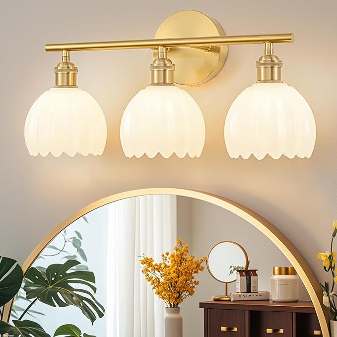 Gold Bathroom Light Fixtures Over Mirror, 3 Light Bathroom Vanity Light Fixture with Tulip Milk White Glass Lampshade, Vintage Vanity Lights for Bathroom, Bathroom Vanity Lights Over Mirror