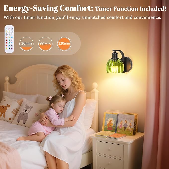 VerRon Rechargeable Battery Operated Wall Sconce with Green Glass Lampshade, Wireless Wall Scone Decor with Remote Control, 15 Colors Black Wall Light for Bedside Hallway Bedroom Doorway