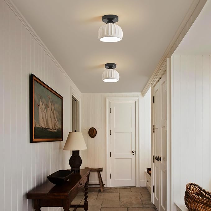 2 Pack Ceramic Black Semi Flush Mount Ceiling Light Vintage Hallway Light Fixtures, Modern Small Ceiling Mount Light Lamp for Hall Kitchen Entryway Passway Porch Foyer