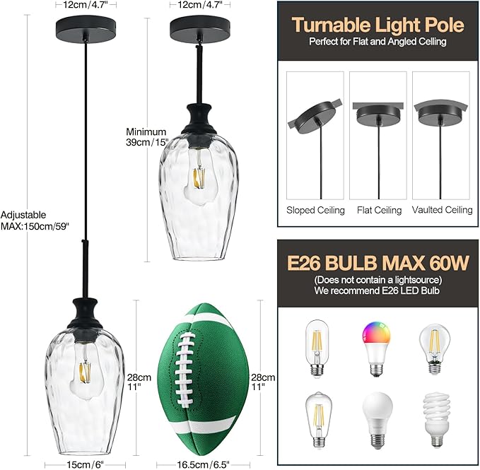 Modern Kitchen Pendant Lights,1-Light Black Pendant Light Fixtures with Hand-Blown Clear Glass Light Fixture for Kitchen Island Sink Dining Room Bedroom Hallway, E26 Bulb Not Includes