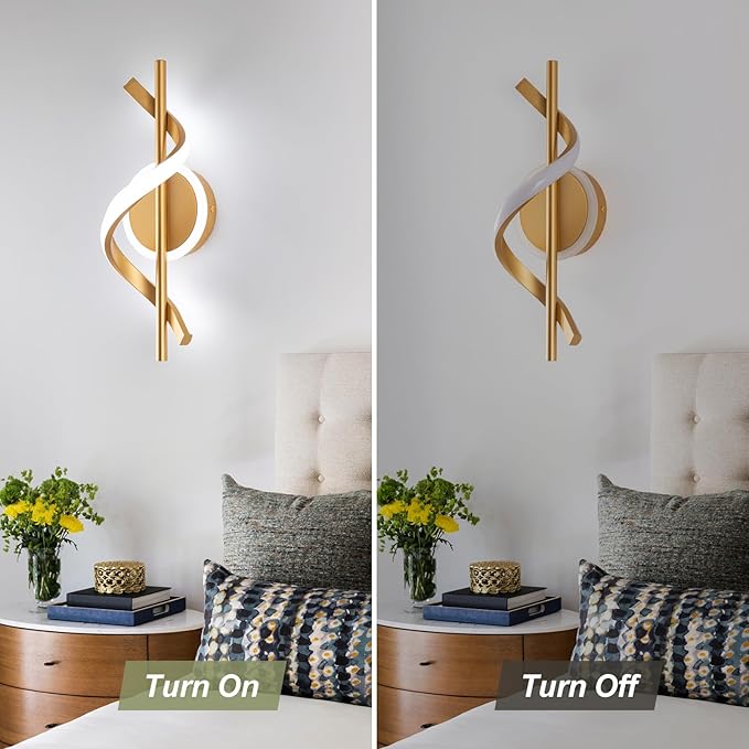 EIDISUNY LED Wall Sconces Indoor, 12W LED Wall Mount Lights, Modern Spiral Wall Lamp, 6000K Cold Light Fixture for Stairs, Living Room, Bedroom, Aisle, Hallway (Cold White, Gold)
