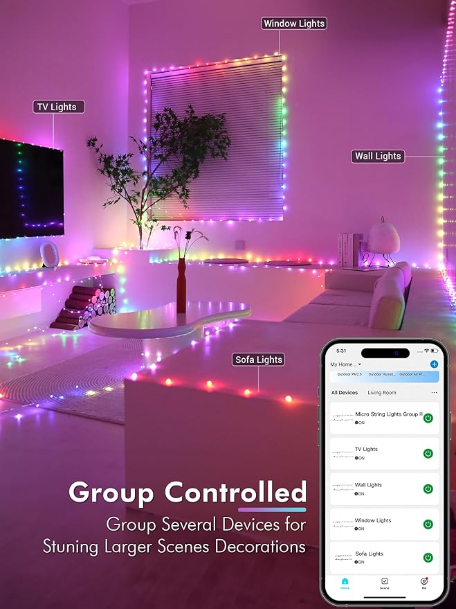 BrizLabs Smart Fairy String Lights, 66ft 200 LED WiFi 4th of July Fairy Lights App Control, Dimmable Red White Blue Light Rainbow Christmas Light, Music RGB Xmas Lighting Work with Alexa & Google Home