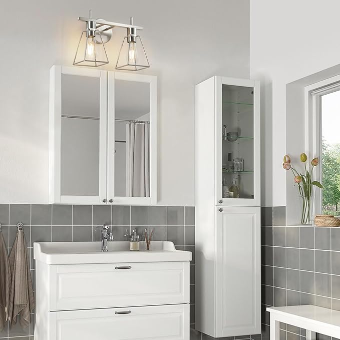 Industrial Bathroom Vanity Lights: 2 Light Silver Brushed Nickel Vintage Metal Cage Wall Lamps - Rustic Farmhouse Light Fixture Over Mirrors Cabinet for Home Hallway
