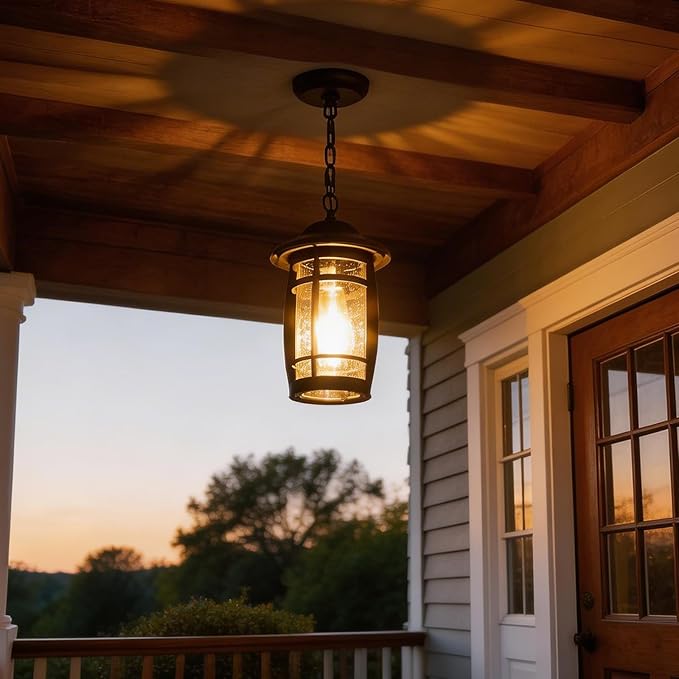 LOUSACE Outdoor Pendant Light - Adjustable Exterior Hanging Light Fixture Matte Black 1-Light Outdoor Chandelier Lantern Waterproof Aluminum with Seeded Glass for Front Porch, Gazebo, Patio, ETL List