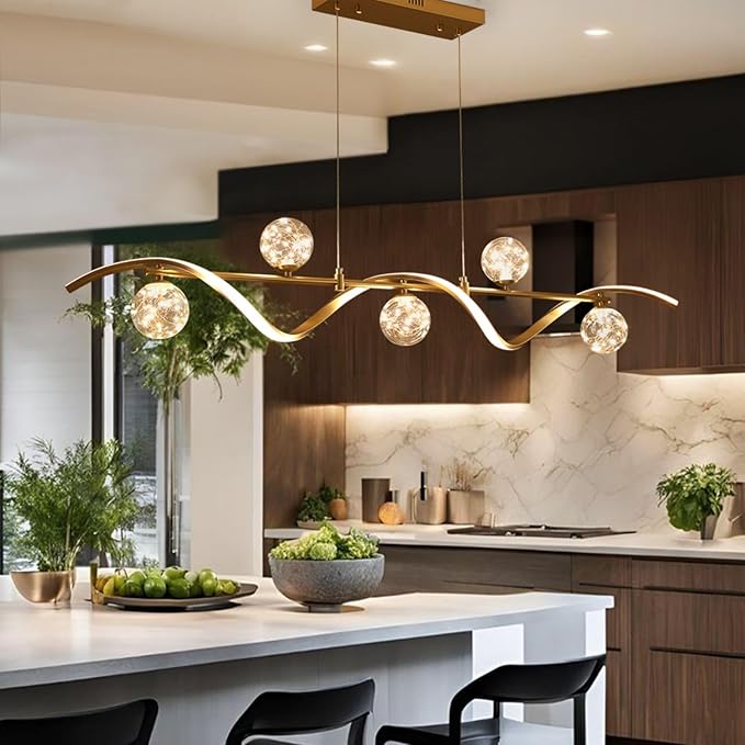 homary Kitchen Island Light with Glass Globes, 51.2" Gold Chandelier Dimmable Linear Pendant Light, Adjustable Height, Dining Room Fixture for Table, Bar or Kitchen Island