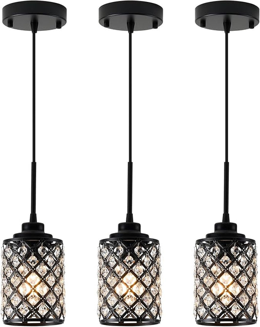 Small Pendant Light Fixtures,3-Pack Modern Pendant Lights Kitchen Island,Black Matte Finish Hanging Lighting K9 Crystal Mini Chandelier for Dining Room,Hallway,Bedroom,Foyer（3 Pack
