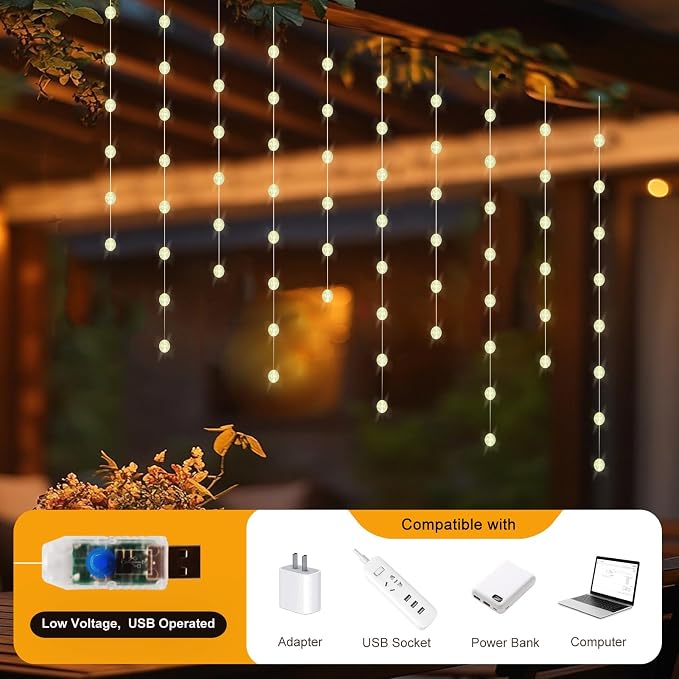 Ball Curtain Lights, Warm White Window Light 70 Balls Hanging Lights with Remote Fairy Led Twinkle String Light Home Bedroom Wall Ceiling Décor for Christmas, Wedding, Party, Birthday