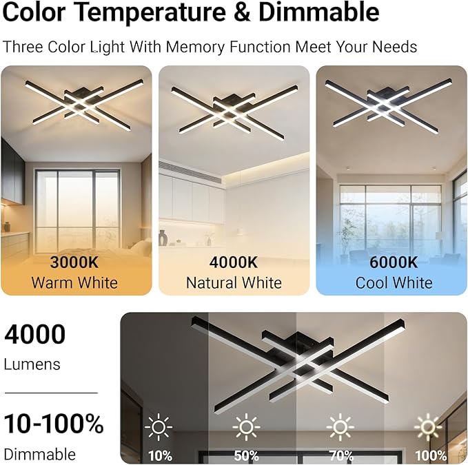 Modern Light Fixture, Modern LED Ceiling Lights, Ceiling Light Fixture for Hallway, Entrance, Cafe,Living Room, Bedroom, Corridor, Porch, Passage Light Fixtures (Black (4-Lights))