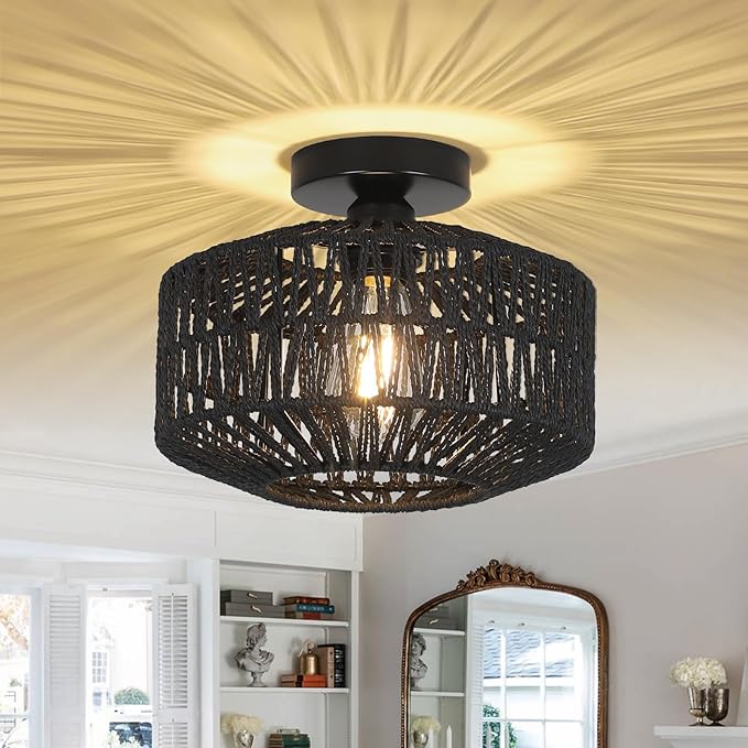Rattan Light Fixtures Ceiling Mount,Boho Ceiling Light Fixture with Dimmable LED Bulb，Mini Hand Woven Rattan Chandelier Light Fixtures Ceiling for Bedroom Kitchen Entryway Living Room Hallway（Black）