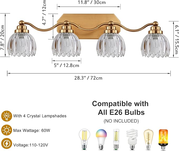 VbiTmn Gold Bathroom Light Fixtures, 4 Light Vintage Vanity Lights, Antique Brass Brushed Gold Finish, Crystal Transparent Glass Shade, Mid Century Wall Sconces for Bedroom, Living Room, Hallway