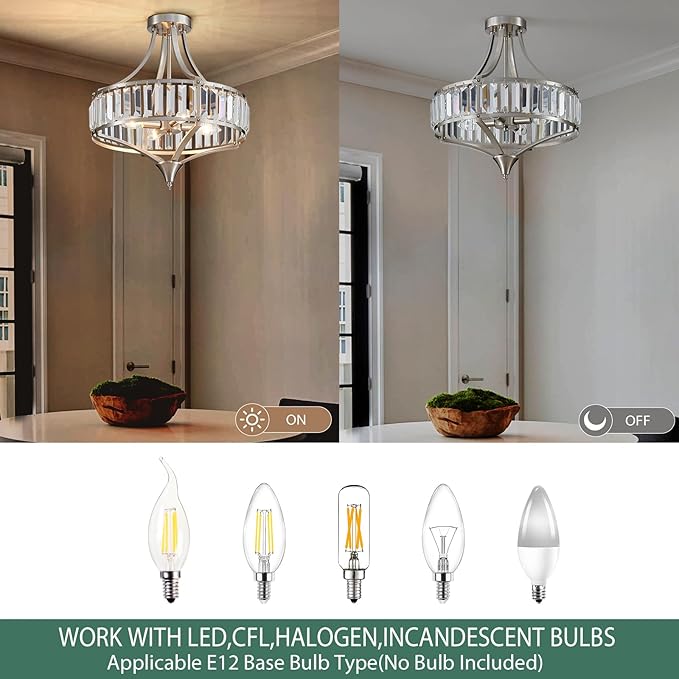 Modern Nickel Chandelier 4-Light Crystal Ceiling Light Fixtures 16 inches Flush Mount Lamp Suit for Living Room Kitchen Island Dining Room Foyer