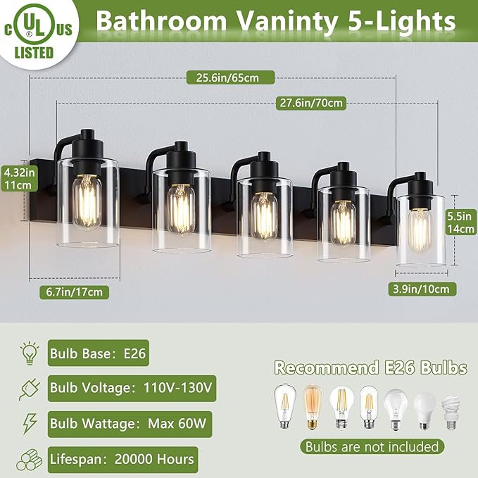 Dpyrrhic Matte Black Bathroom Light Fixtures,5-Light Bathroom Lights Over Mirror with Clear Glass Shade,Wall Sconces for Bathroom, Bedroom, Hallway