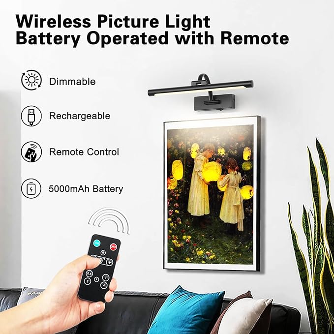 DESOOP Picture Lights Battery Operated with Remote and Dimmable Function, Rechargeable Gallery Light Black Art Light Wireless Painting Lights 16'' Inch for Display, Portrait, Artwork, Warm White