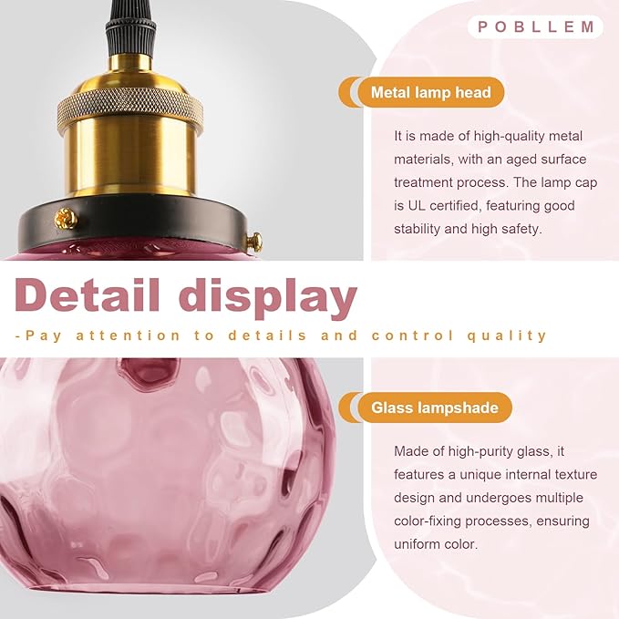 13.8-inch Globe Hanging Lamp with Plug in Cord, Pink Glass Pendant Light Vintage Plug in, Large Hammered Glass Hanging Swag Lamps for Kitchen Dining Room Girls Bedroom Living Room