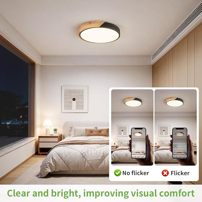 Modern LED Ceiling Light for Bedroom: Minimalist Wood Flush Mount Ceiling Light Fixture with Acrylic Lampshade - 4500K Not Dimmable Overhead Ceiling Lamps for kitchen hallway living room (11.8" Black)