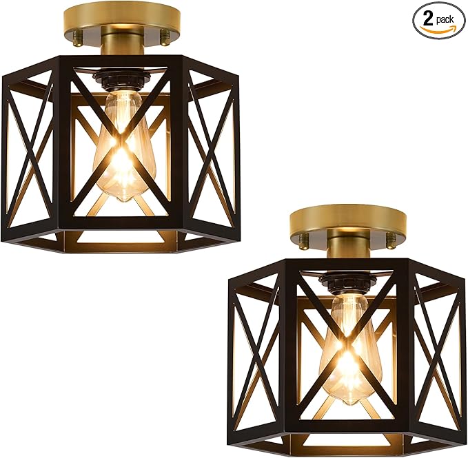 XSDeTu Black Gold Flush Mount Ceiling Light Fixtures, Farmhouse Ceiling Lights with Hexagonal Metal Cage, Modern Close to Ceiling Lamp, Small Chandelier for Kitchen Hallway Porch Bedroom, 2 Pack