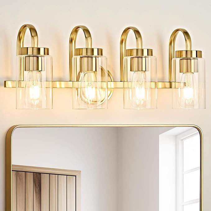4 Light Bathroom Vanity Light, Gold Vanity Lights for Bathroom, Modern Light Fixtures Over Mirror with Clear Glass Shade, Wall Sconce Lighting for Bedroom