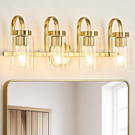 4 Light Bathroom Vanity Light, Gold Vanity Lights for Bathroom, Modern Light Fixtures Over Mirror with Clear Glass Shade, Wall Sconce Lighting for Bedroom
