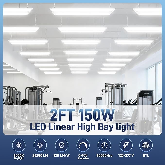 hykolity 4 Pack 2FT 150W LED Linear High Bay Shop Light, 20250lm 135LM/W, 120-277V, 0-10V Dimmable, 5000K Daylight Hanging Light for Warehouse Workshops, UL Listed