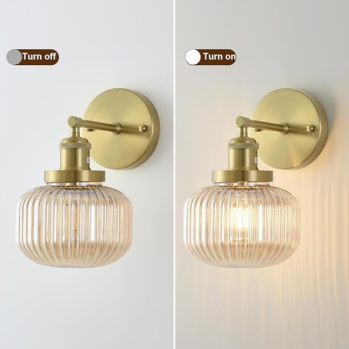 Vintage Wall Sconces with Amber Pumpkin Glass Lampshade, Indoor Bathroom Wall Sconce, Modern Gold Industrial Lighting Fixture for Mirror Living Room Hallway 2 Pack